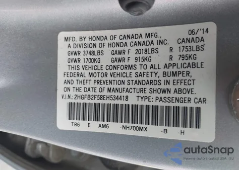 2014 Honda Civic Lx из США, поврежденный, VIN 2HGFB2F58EH534418